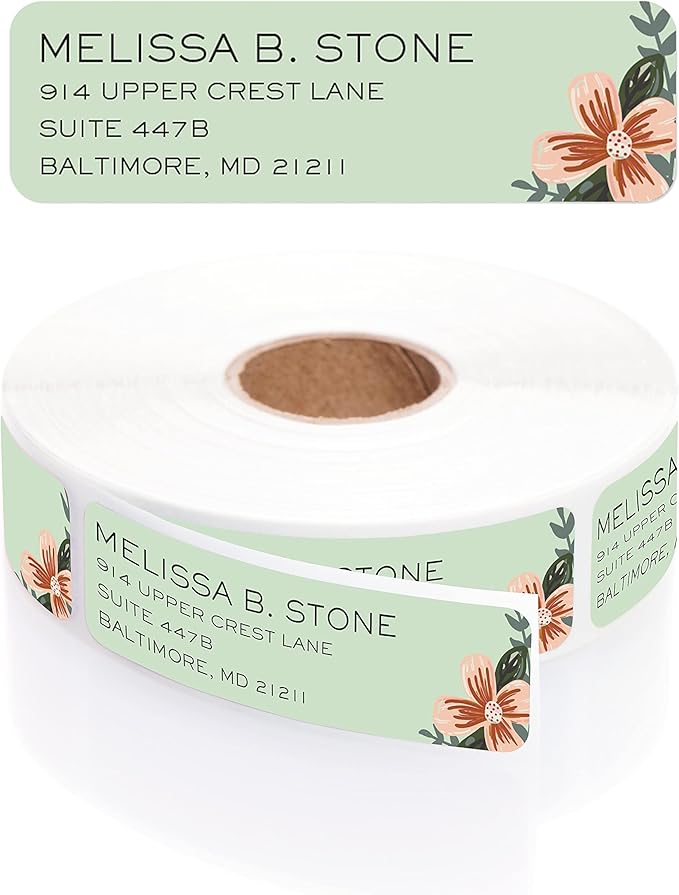 Mint and Pink Floral Rolled Address Labels/Roll of 500 Personalized Return Address Labels/Designer Return Address Stickers in Elegant Plastic Dispenser-DeskLoop Office