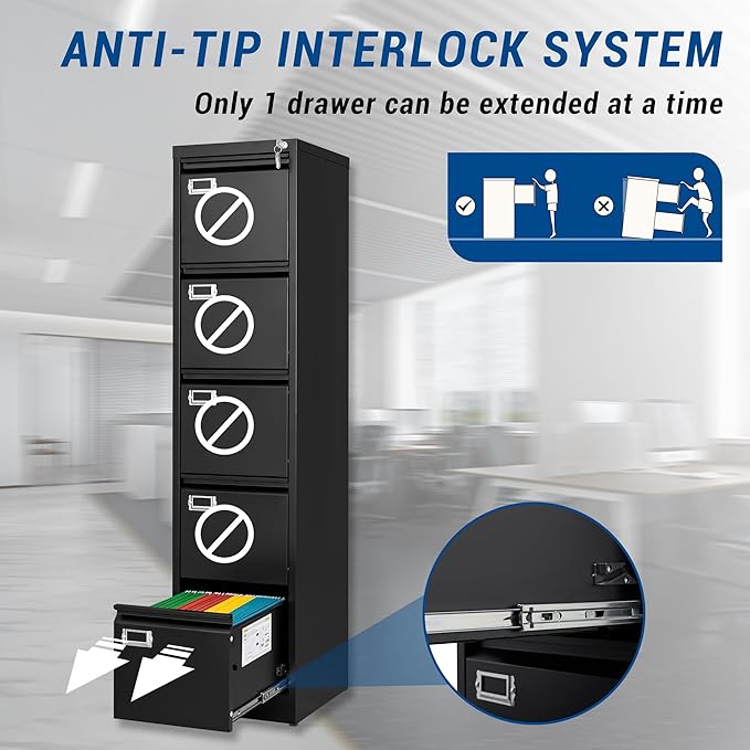 File Cabinets - 5 Drawers Vertical 17.8" Deep Lockable Filing Cabinet - Black & Gray Metal Storage Cabinets for Home Office to Hanging Files Letter/Legal/F4/A4 Size-DeskLoop Office