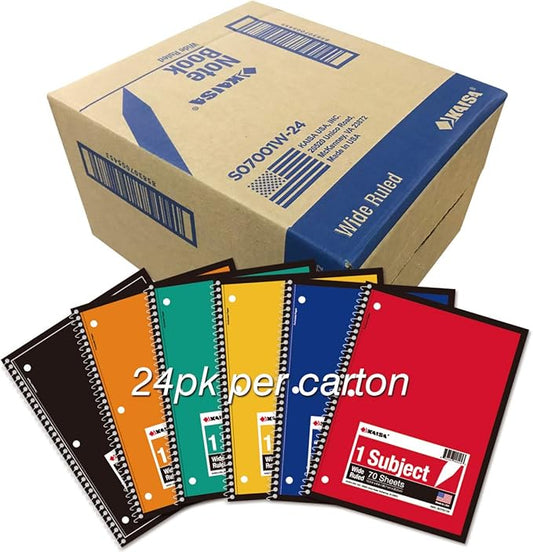 KAISA Spiral Notebooks 1 Subject Note Books,70 Sheets 10.5x8in Wide Ruled, Paper Note Books Home School Supplies for Students Office, 1Carton of 24Books-DeskLoop Office