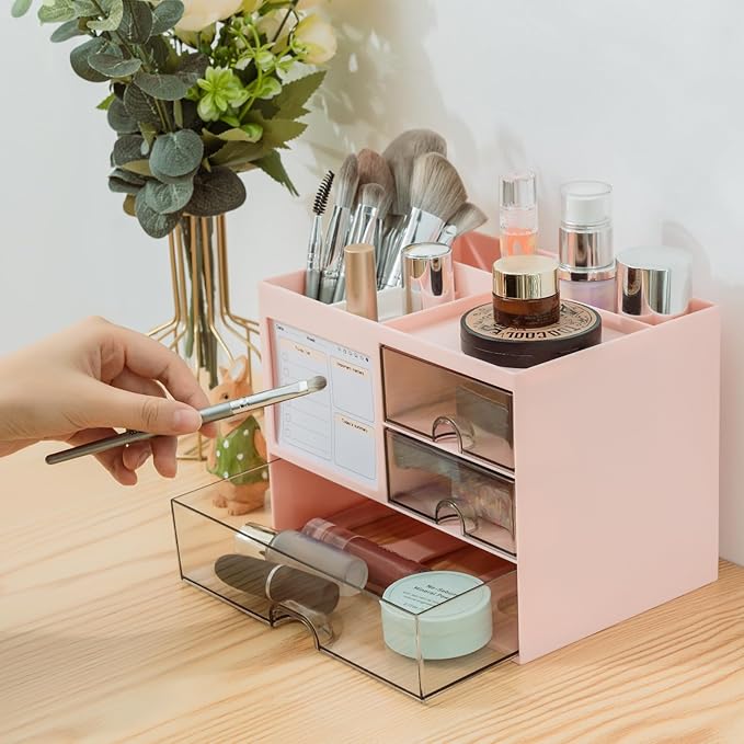 Multi-Functional Desk Organizer with 3 Drawer and 8 Compartments, Pink-DeskLoop Office