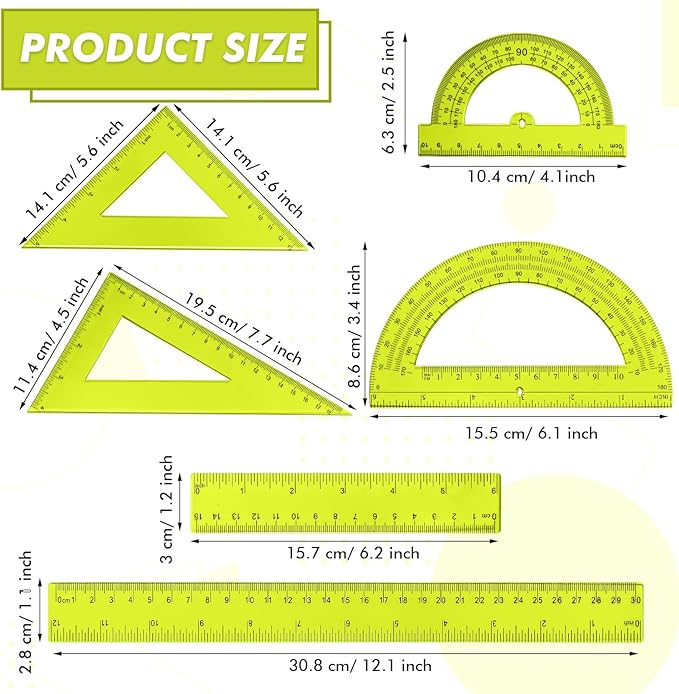 Tenare 6 Pcs Plastic Ruler Math Set Includes 12 Inch 6 Inch Straight Protractor Triangle Geometry Transparent Math Ruler Measuring Tools for School Office Home(Yellow)-DeskLoop Office