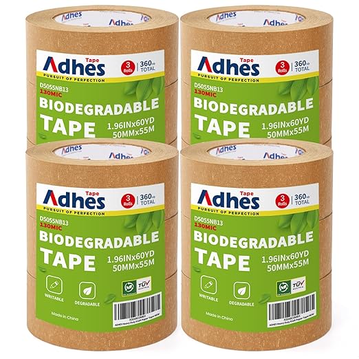 ADHES Kraft Paper Tape, 2 Inch x 60 Yards x 12 Rolls, Biodegradable Paper Packing Tape Writable & Uncoated Brown Shipping Tape for Shipping, Moving, Sealing-DeskLoop Office