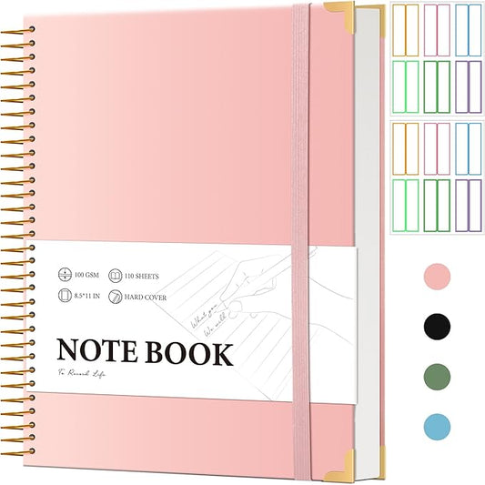 Pink Spiral Notebook College Ruled 8.5 X 11 with Tab Stickers Large Hardcover Notebooks for School Supplies A4 Note Book Journal Notebooks for Work Note Taking Office Women Men Writing, 200 Pages-DeskLoop Office