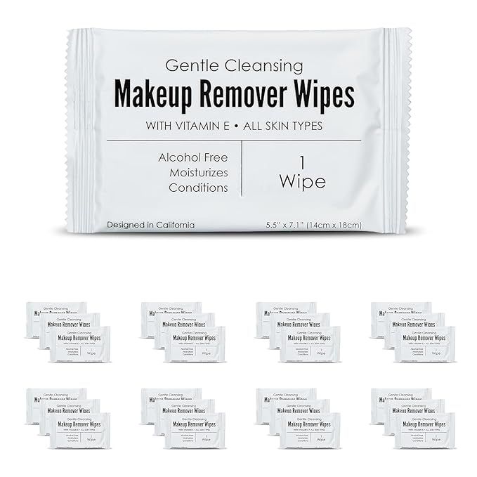 Bulk Makeup Remover Wipes | 50 Count | Individually Wrapped, Gentle Cleansing, Alcohol Free - All Skin Types - Vitamin E - 100% Recyclable, Hotel Travel Size Toiletries-DeskLoop Office