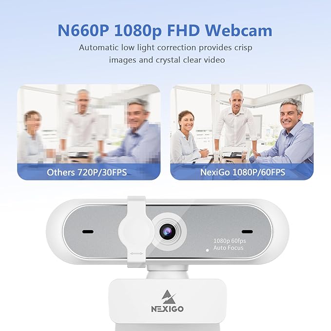 NexiGo N660P (Gen 2) 1080P 60FPS Webcam with Software Control, Dual Microphone & Cover, Autofocus, HD USB Computer Web Camera, for OBS/Zoom/Skype/FaceTime/Teams/Twitch, White-DeskLoop Office