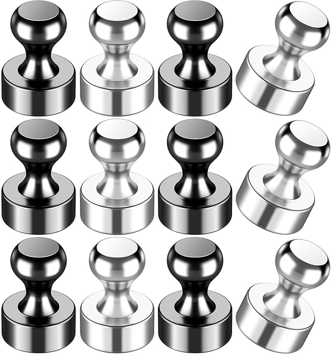 VNDUEEY 12 Pcs Fridge Magnets Refrigerator Magnets, Black-Silver Whiteboard Magnets, Magnetic Push Pins, Strong Metal Magnets for Locker, Office, School, Home-DeskLoop Office