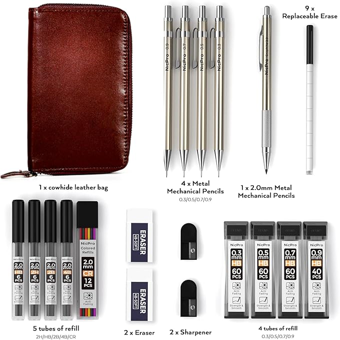 Nicpro 20PCS Metal Mechanical Pencil Set in Leather Case, 0.3 & 0.5 & 0.7 & 0.9 mm & 2mm Lead Pencil Holders, (4B 2B HB 2H) Lead Refills (Black & Colors), Erasers, For Art Drafting Sketching Drawing-DeskLoop Office