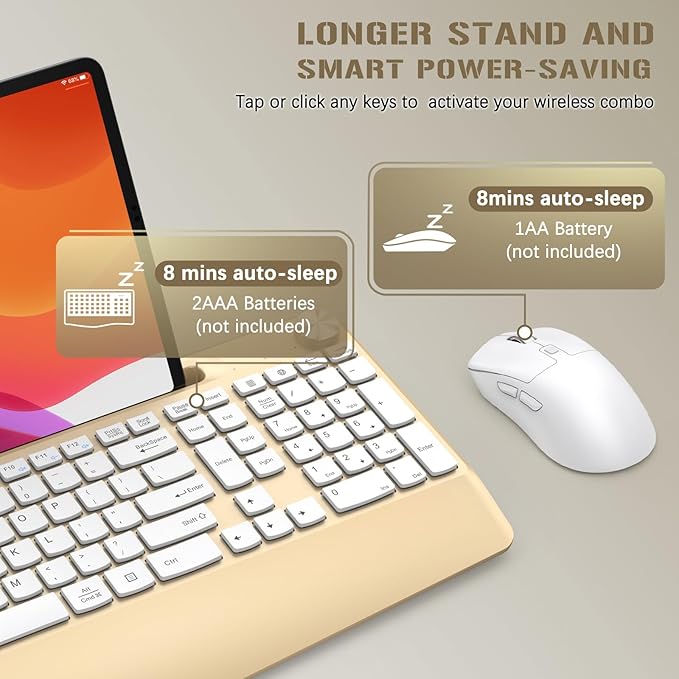 Ergonomic Wireless Keyboard and Mouse with Wrist Rest,Phone Holder - 2.4GHz Full-Sized Low-Profile Quiet Gold Wireless Mouse and Keyboard Combo for Computer, Laptop, PC, Mac-Gold