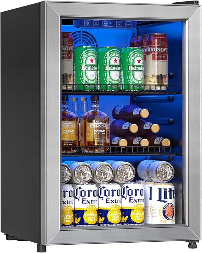 Beverage Refrigerator and Cooler, Freestanding Drink Dispenser for Soda Beer or Wine,90 Can Mini Fridge with Glass Door,Digital Temperature Control,Home, Bar, Office (Silver, 2.48 Cu.Ft)-DeskLoop Office
