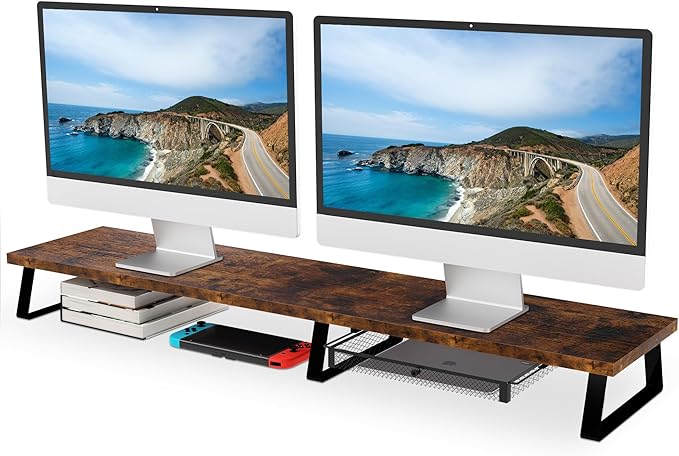 Aothia Dual Monitor Stand Riser - Metal Leg Monitor Stand with Drawer, Desk Shelf for PC, Laptop & Screen (Vintage)-DeskLoop Office