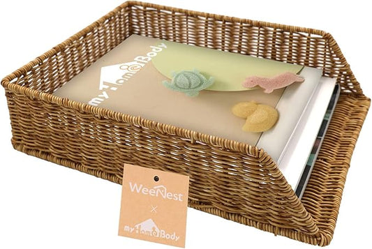 myHomeBody Wicker Paper Organizer, Letter Tray, Paper Organizer for Desk, Resin Wicker 1 pc, Tan-DeskLoop Office