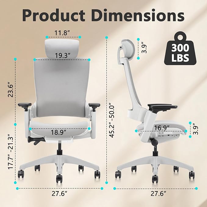 CLATINA Ergonomic High Swivel Executive Chair with Adjustable Height Head 3D Arm Rest Lumbar Support and Upholstered Back for Home Office Gray-DeskLoop Office