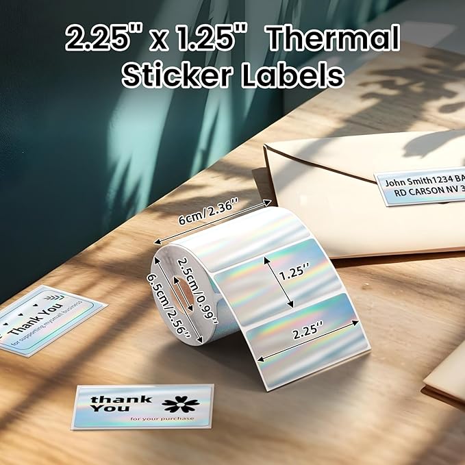 2.25x1.25 Inch Thermal Labels Sliver, Holographic Sliver Barcode Thermal Labels for Thermal Printer and Small Business, Multi-Purpose Rectangle Stickers, 500 Sheets/Roll-DeskLoop Office