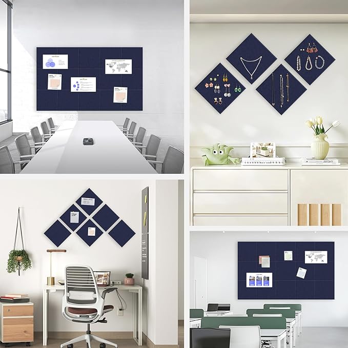 Large Cork Board for Office Wall Decor,48"x36"-12 Pack Felt Wall Tiles with 35 Push Pins, Thicker 0.47in, Felt Bulletin Board Pin Board Cork Boards for Walls - Dark Blue-DeskLoop Office