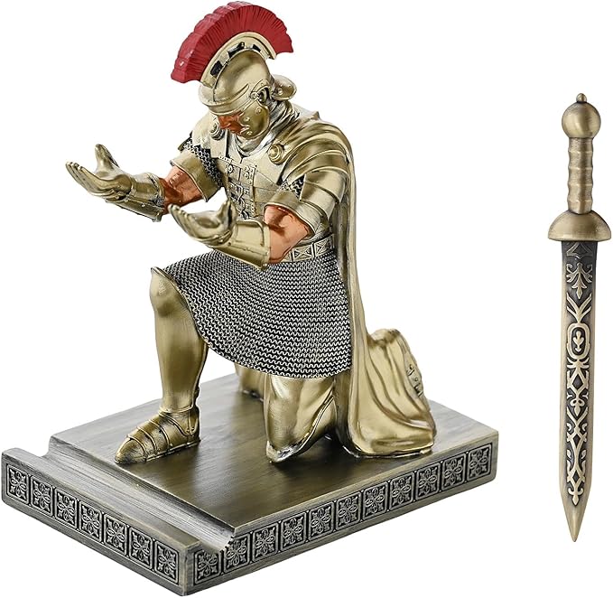 Roman Praetorian Prefect Warrior Knight Pen Holder Desk Ornament Resin Praetorian Guard Mobile Phone Stand Desk Accessories and Organizer for Office with a Letter Opener (Bronze)-DeskLoop Office