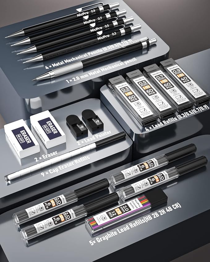 Nicpro Black Art Mechanical Pencil Set in Case, Metal Drafting Pencils 0.3, 0.5, 0.7, 0.9 & 2mm Graphite Holders (2H HB 2B 4B Colored Lead) for Sketching Drawing with 9 Lead Refills, 2 Erasers-DeskLoop Office