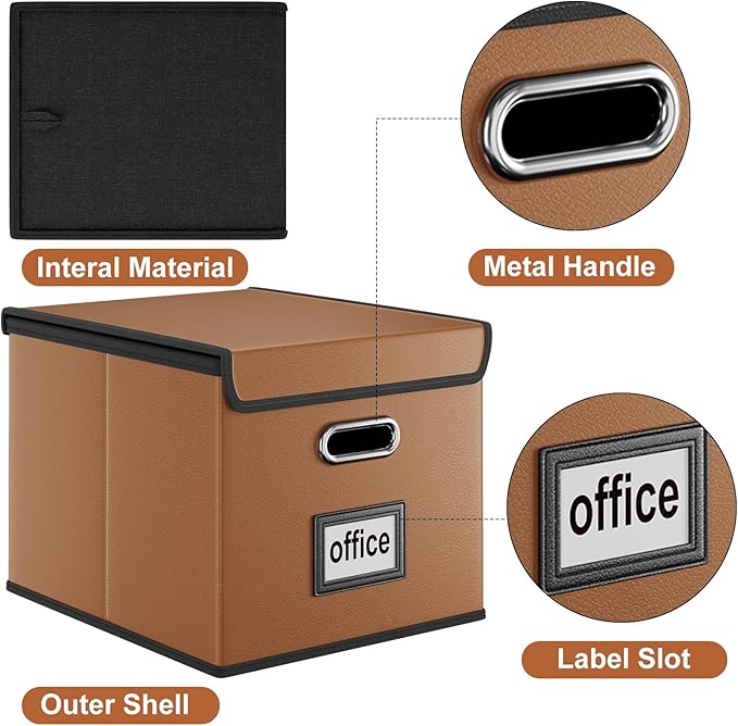 Huolewa File Organizer Boxes with Lids, Collapsible Faux Leather Hanging File Folder Box Organizer with Plastic Slide, Decorative Home/Office Filing System Boxes for File and Folders Storage-DeskLoop Office