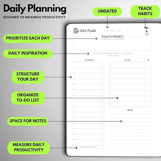 Undated Daily Planner – 6-Month A5 Productivity Organizer with Full Page Per Day, Hourly Schedule, Goal Setting, Habit Tracker, Weekly & Monthly Pages – Hardcover Time Management Notebook (Lime Green)-DeskLoop Office