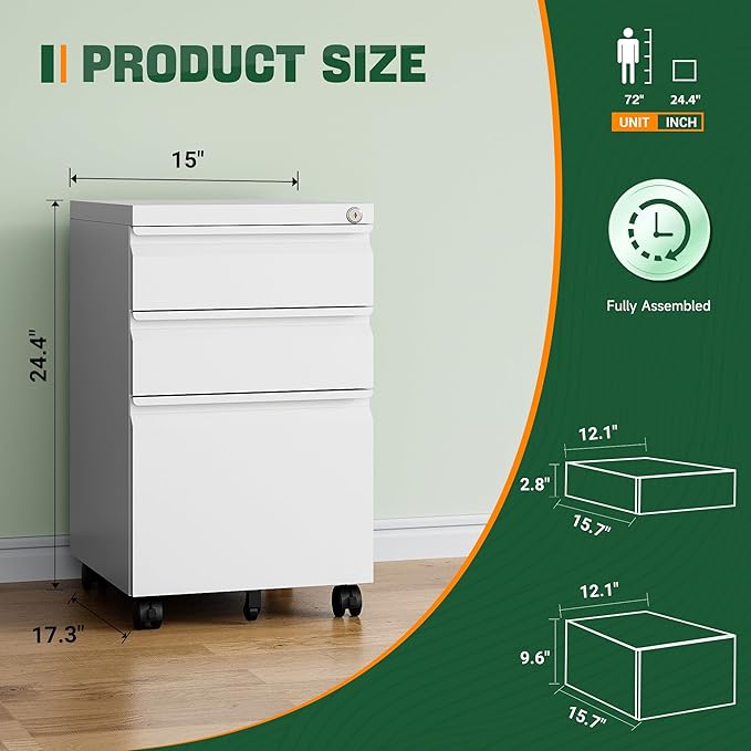 Letaya 3 Drawer Mobile File Cabinet with Lock, Under Desk Metal Filing Cabinets for Home Office Organizer Letters/Legal/A4(Fully Assembled-White)-DeskLoop Office