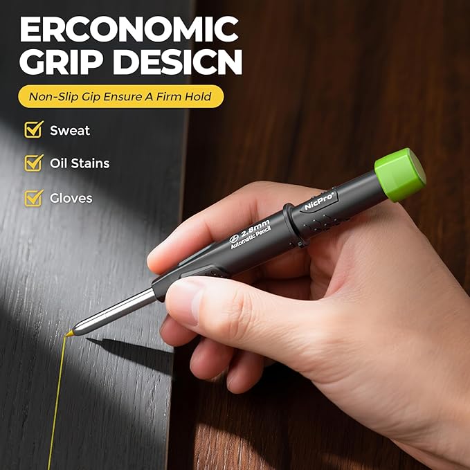 Nicpro Carpenter Pencil with Sharpener, CP3000 Carpenter Mechanical Pencils with 19 Refill, Deep Hole Marker for Construction, Heavy Duty Construction Pencil, Woodworking Tool for Architect Marking-DeskLoop Office