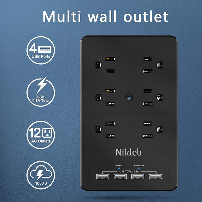 Surge Protector Nikleb, Wall Outlet with 4 USB Ports 5V 4.8A Total, 12 Multi Outlet Extender, Multiple USB Plug Adapter Wall Mount, Phone Chargier Organizer with Phone Holder, Heavy Duty-DeskLoop Office
