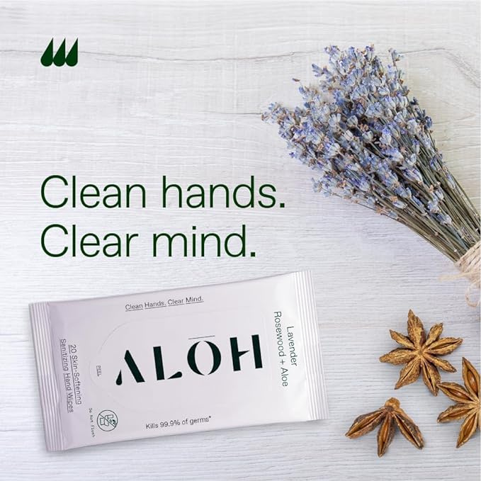 ALŌH Lavender Rosewood + Aloe Sanitizing Hand Wipes - Clean Hands, Clear Minds - On The Go Sanitizing Hand Wipes for Kids and Adults - Travel Size 3 Pack, 20ct Wipes (60 wipes)-DeskLoop Office