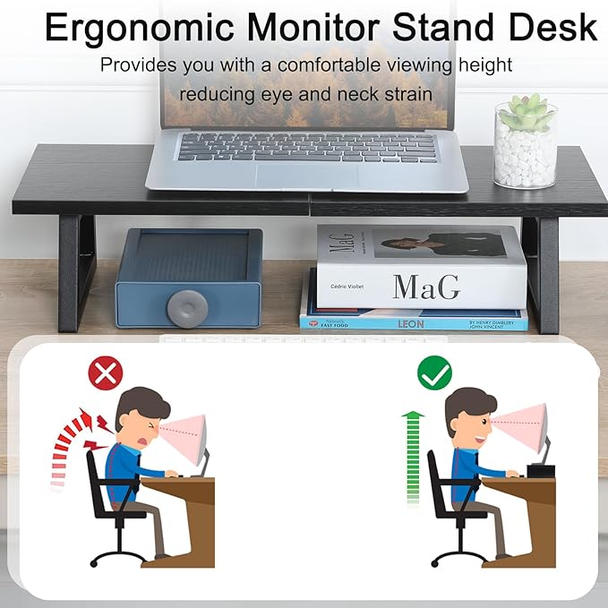 TEAMIX 24 inch Monitor Stand Riser, Black Wood & Steel Computer Monitor Stand with Storage, Laptop, PC, Printer Stand Riser for Desktop Office Desk Organizers-DeskLoop Office