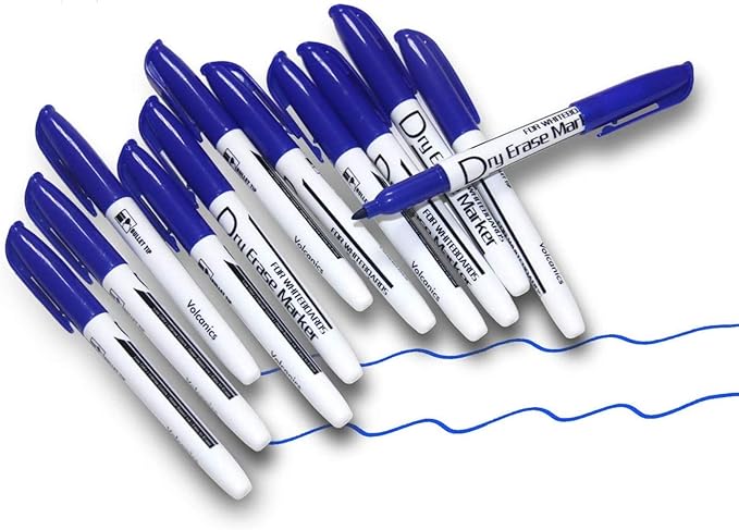 Volcanics Blue Dry Erase Markers Low Odor Fine Whiteboard Markers Thin Box of 12-DeskLoop Office