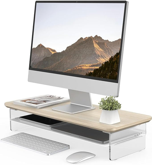 Fenge Acrylic Monitor Stand Riser, 23.6 Inches Monitor Stand with Metal Storage, 2 Tier Acrylic Computer Riser for Desk, Clear Laptop Stand for PC, Laptop, Printer, TV-DeskLoop Office