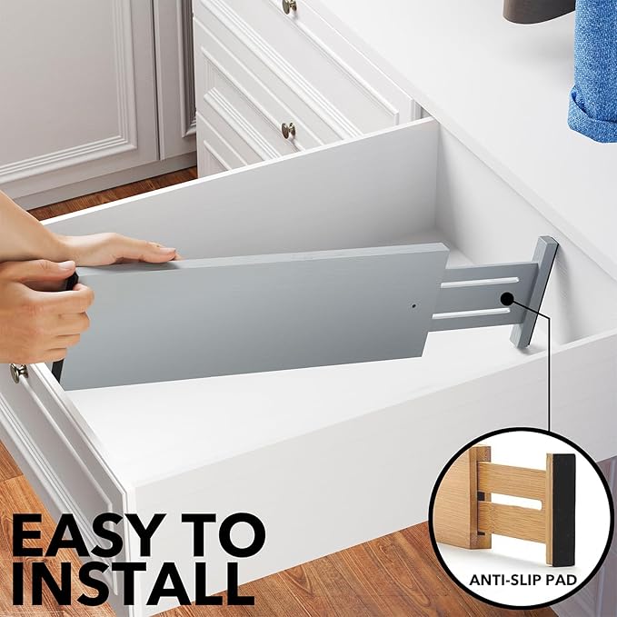 SpaceAid Bamboo Dresser Drawer Dividers 6 Pack, 4.65“ High Adjustable 17“-22” Drawer Organizers, Expandable Organization for Clothing, Clothes, Dressers, Gray-DeskLoop Office