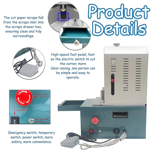 Electric Corner Rounder Machine with Foot Pedal and 7 Blades (R3-R10) 180W 110V Heavy Duty Punch Cutter with Paper Drawer Semi-Auto Metal Corner Rounding Machine for Paper/PVC/Plastic Films-DeskLoop Office