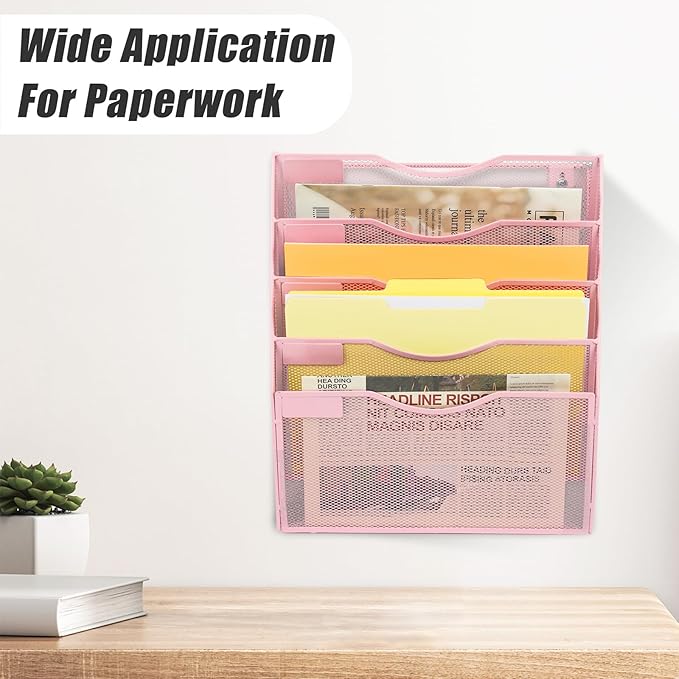 EASEPRES 5 Pocket Mesh Hanging Wall File Organizer, Wall Mounted Mail Paper Document Folder Holder, Clipboard Storage Organization Magazine Rack with Nametag Label for Office Home School, Pink-DeskLoop Office
