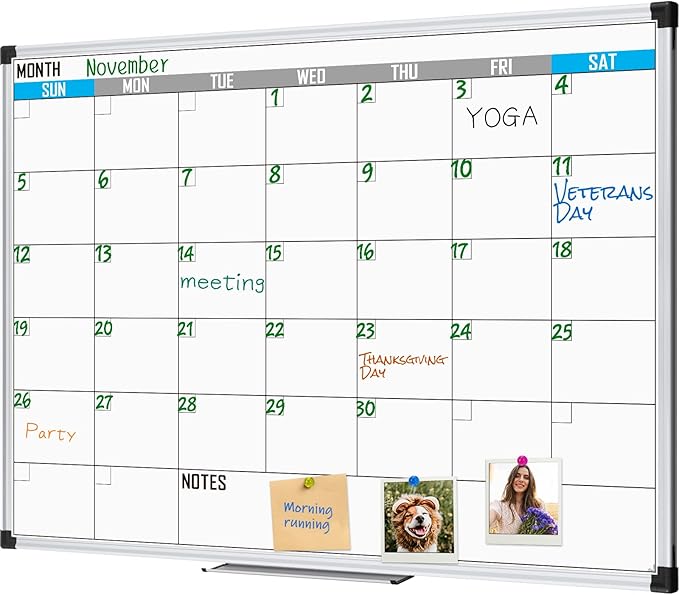 XBoard Magnetic Calendar Whiteboard 48" x 36" - Monthly Calendar Dry Erase Board, White Board + Colorful Calendar Board, Silver Aluminium Framed Monthly Planning Board-DeskLoop Office