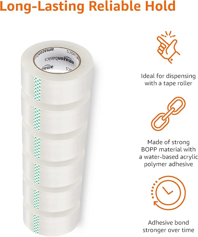 Amazon Basics Packing Tape for Moving boxes, Shipping Tape Refills, Clear, 1.88-Inch Wide x 109 Yards, 6-Pack, Total 654 Yards-DeskLoop Office