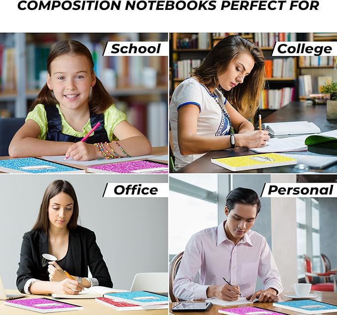 12 Pack Graph Paper Composition Notebook, 200 Pages (100 Sheets), 4x4 Grid, Graph Composition Notebook, Hard Cover Quad Ruled Notebook for Home & School, Bulk Grid Notebooks, Assorted Marble