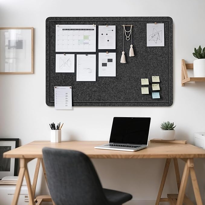 Bulletin Board, 36 x 24 inches Felt Board - Decorative Pin Board, Cork Board Alternative for Wall, 3' x 2' Foldable Picture Board Self-Adhesive Vision Board Prayer Board with 20 Pushpins - Dark Gray-DeskLoop Office