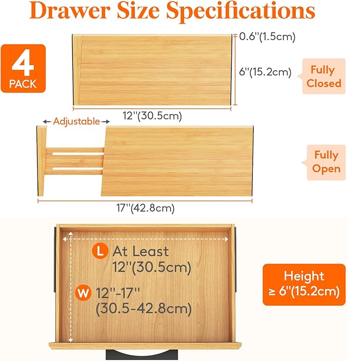 Lifewit 4 Pack Drawer Dividers Bamboo 6" High, 11-17" Adjustable Drawer Organizers for Clothes, Expandable Dresser Separators in Bedroom/Bathroom/Kitchen/Fridge/Office Organization and Storage-DeskLoop Office
