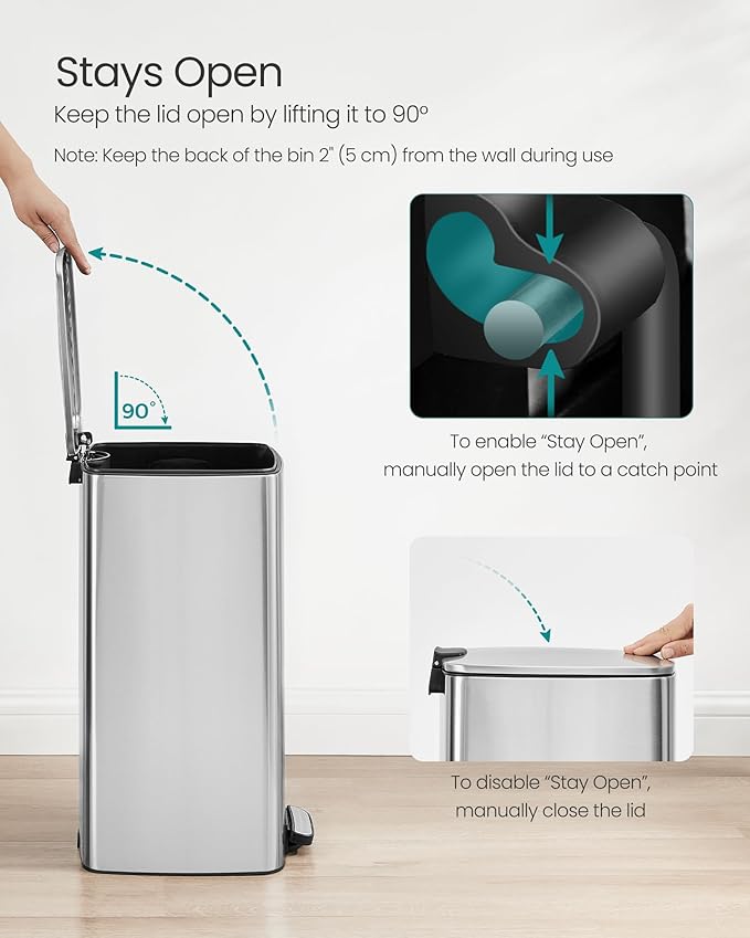 SONGMICS Kitchen Trash Can, 8-Gallon (30 L) Trash Bin, Stainless Steel Garbage Can, with Inner Bucket, Soft Close and Stays Open, Metallic Silver ULTB593E01-DeskLoop Office