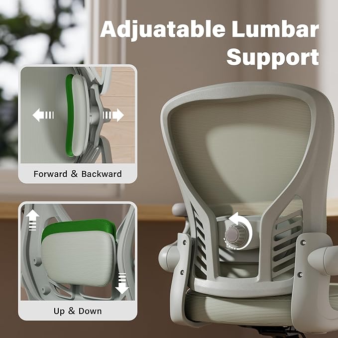 GYI Computer Desk Chair, Ergonomic Office Desk Chairs with Mesh Back, Adjustable Lumbar Support, Height, 3D Flip-up Arms, Wheels, Rocking Function, Grey-DeskLoop Office