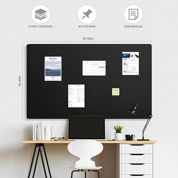 Large Bulletin Board, 60 X 36 Inches Felt Cork Board with 40 Pushpins, Foldable Felt Notice Pin Board Photo Display Board with Self-Adhesive Tape for Office Home School-DeskLoop Office