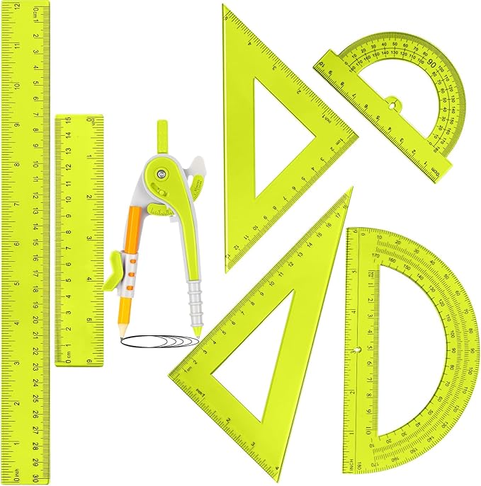 Zonon 1 Set Plastic Geometry Math Set 7 Pcs Includes 6'' / 4 '' Protractor, Drawing Compass, 45/60 Degree Triangle Rulers, 12'' / 6'' Math Ruler Transparent for Office Supplies(Yellow)-DeskLoop Office