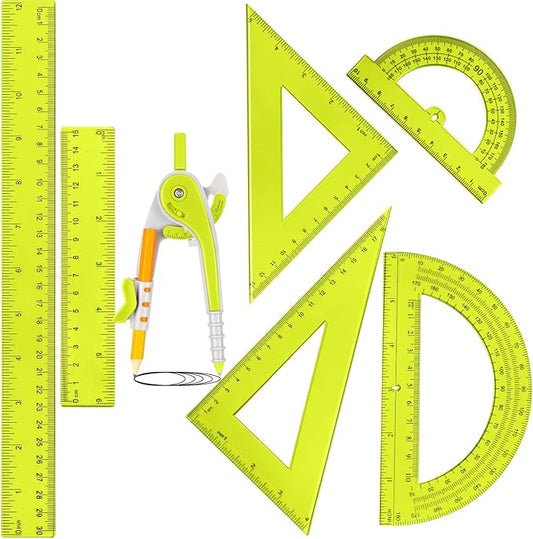 Zonon 1 Set Plastic Geometry Math Set 7 Pcs Includes 6'' / 4 '' Protractor, Drawing Compass, 45/60 Degree Triangle Rulers, 12'' / 6'' Math Ruler Transparent for Office Supplies(Yellow)-DeskLoop Office