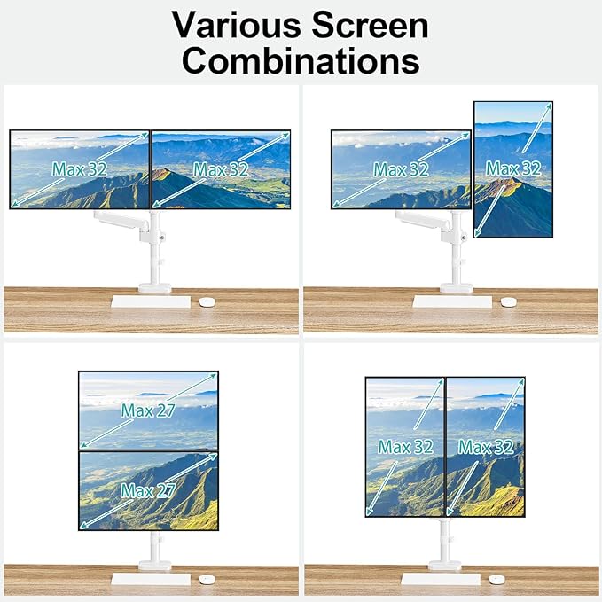 MOUNT PRO Dual Monitor Mount for 13-32" Computer Screen, Tall Monitor Stands for 2 Monitors, Adjustable Gas Spring Double Vertical Monitor Desk Mount, Each Arm Holds 4.4 to19.8lbs, VESA Mount, White-DeskLoop Office