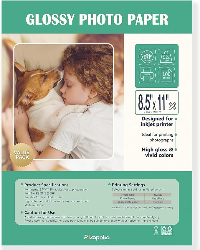 8.5x11 Glossy Photo Paper - Photo Quality Paper for Inkjet Printer, US Letter Size, 100 Sheets, 200GSM (P8511YB200GP)-DeskLoop Office