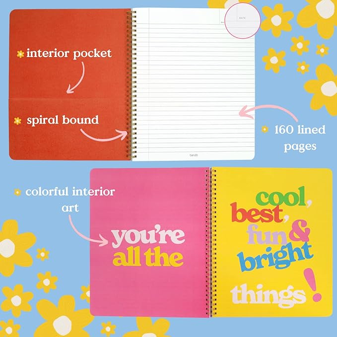 ban.do Floral Rough Draft Large Spiral Notebook, 11" x 9" with Pockets and 160 College Ruled Pages, Green Geometric Flowers-DeskLoop Office