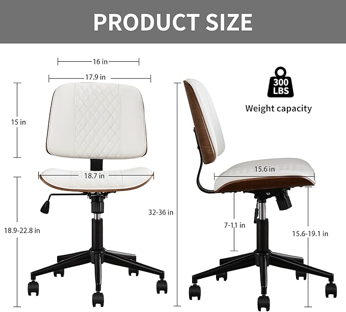 Stylish White Home Office Chair – Armless PU Leather Mid-Back Chair with Adjustable Height, Swivel Wheels, Walnut Finish for Study, Bedroom, or Dorm Room-DeskLoop Office