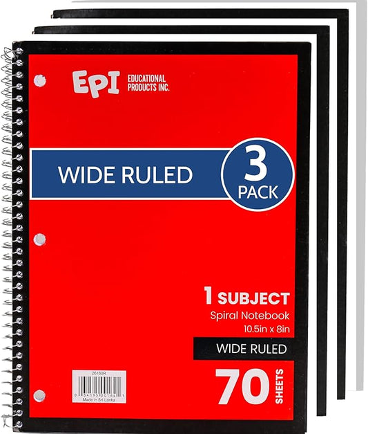 EPI Spiral Notebook | Wide - 70 Sheets, Durable Spiral Binding | 10.5 x 8 in | Classroom Supplies | School, Office, Note Taking, Journaling - 3 Pack-DeskLoop Office