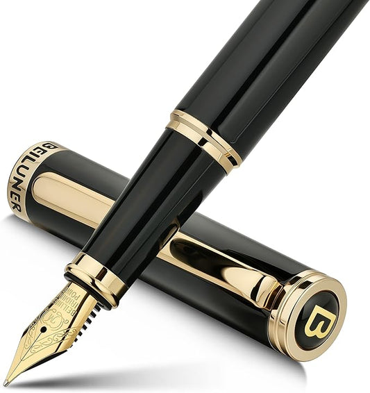 BEILUNER Black Fountain Pen,Stunning Luxury Piano Lacquer,24K Gilded Nib(Medium),Gorgeous 24K Gold Finish,Ink Converter, Gift for Men&Women-Elegant, Reliable, Office, Professional Pens for Writing-DeskLoop Office