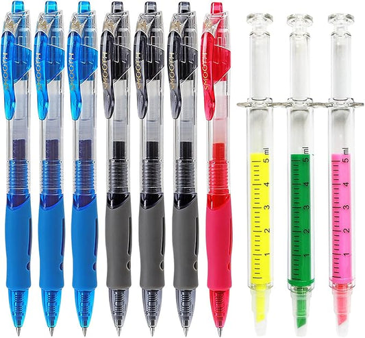 10 Pack Pharmacy Pens Set with 7 Gel Ink Pens(Black/Blue/Red), 3 Syringe Highlighters, Funny Writing Instruments for Nurses Pharmacists Technicians Medical Assistants Students-DeskLoop Office