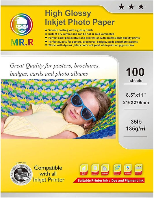 MR.R Single Side High Glossy Inkjet Photo Paper Letter Size 8.5"x11" with 100 sheets per pack 135gsm 35LB-DeskLoop Office